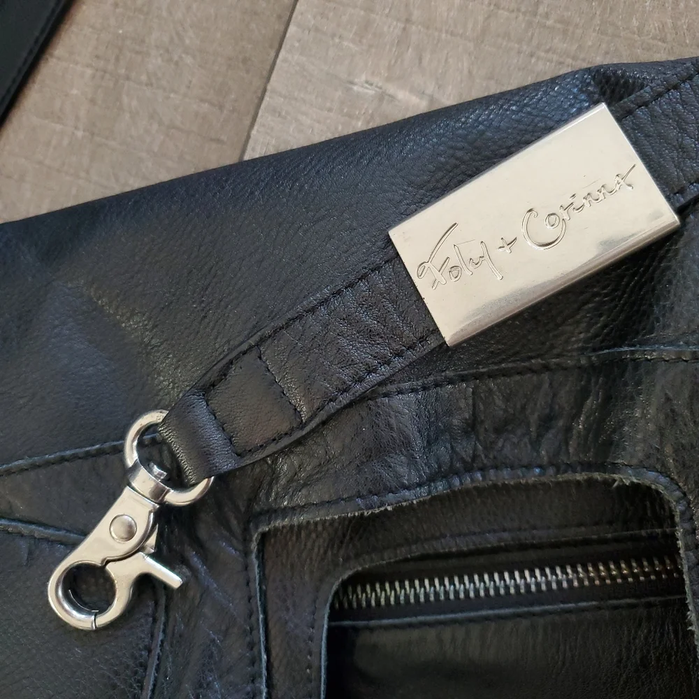 Foley + Corrina Mid City Black Leather Foldover Tote Bag Crossbody